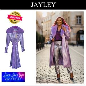 💜 Lilac Detachable Faux Fur& Belt, Faux Leather Metallic Maxi Trench Coat 💜 NWT